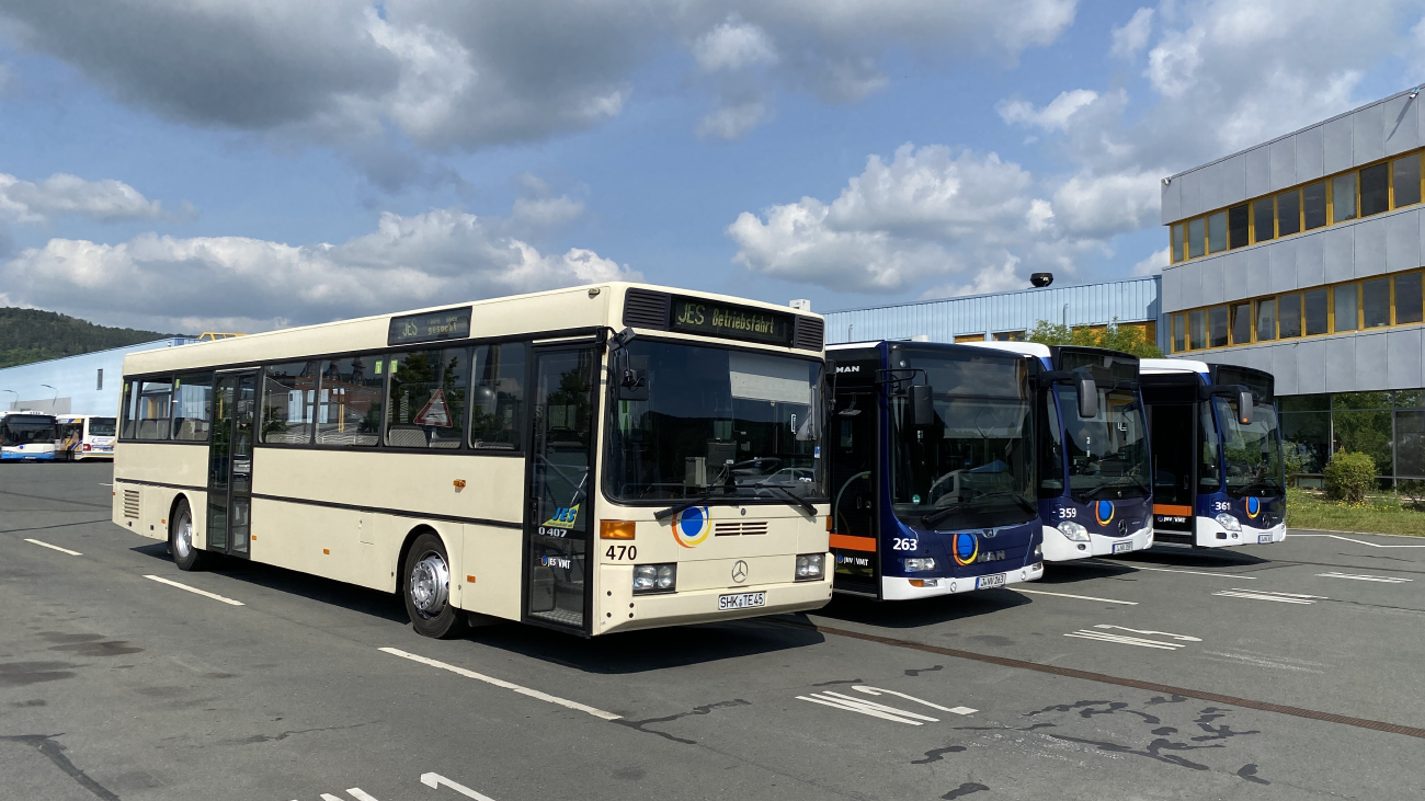 Eisenberg (Thüringen), Mercedes-Benz O407 # 470; Jena, MAN A21 Lion's City NL323 # 263; Jena, Mercedes-Benz Citaro C2 G # 359; Jena, Mercedes-Benz Citaro C2 G # 361