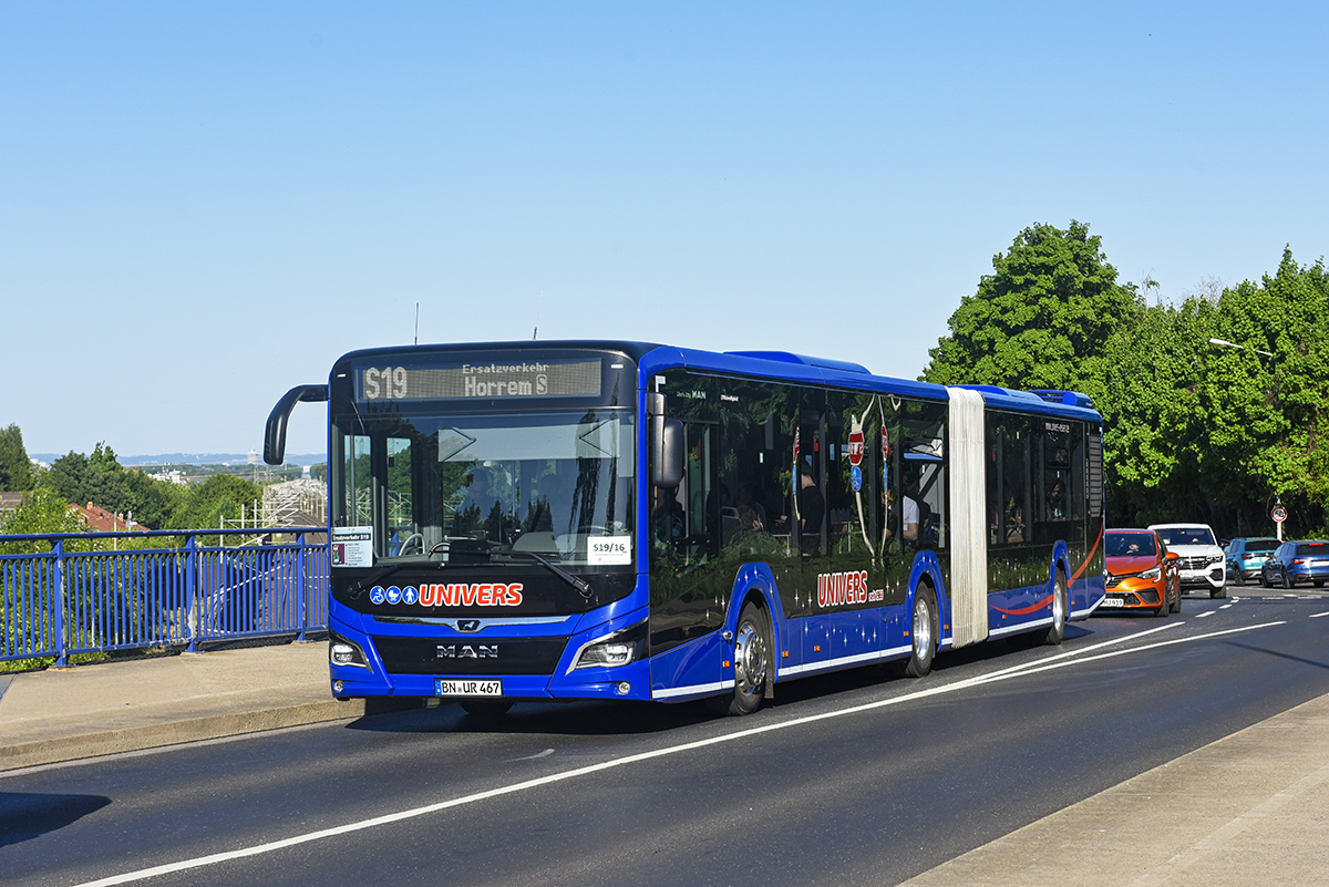 Bonn, MAN 18C Lion's City NG360 EfficientHybrid # 67; Cologne — Rail Replacement "Linke Rheinstrecke" 05/2025