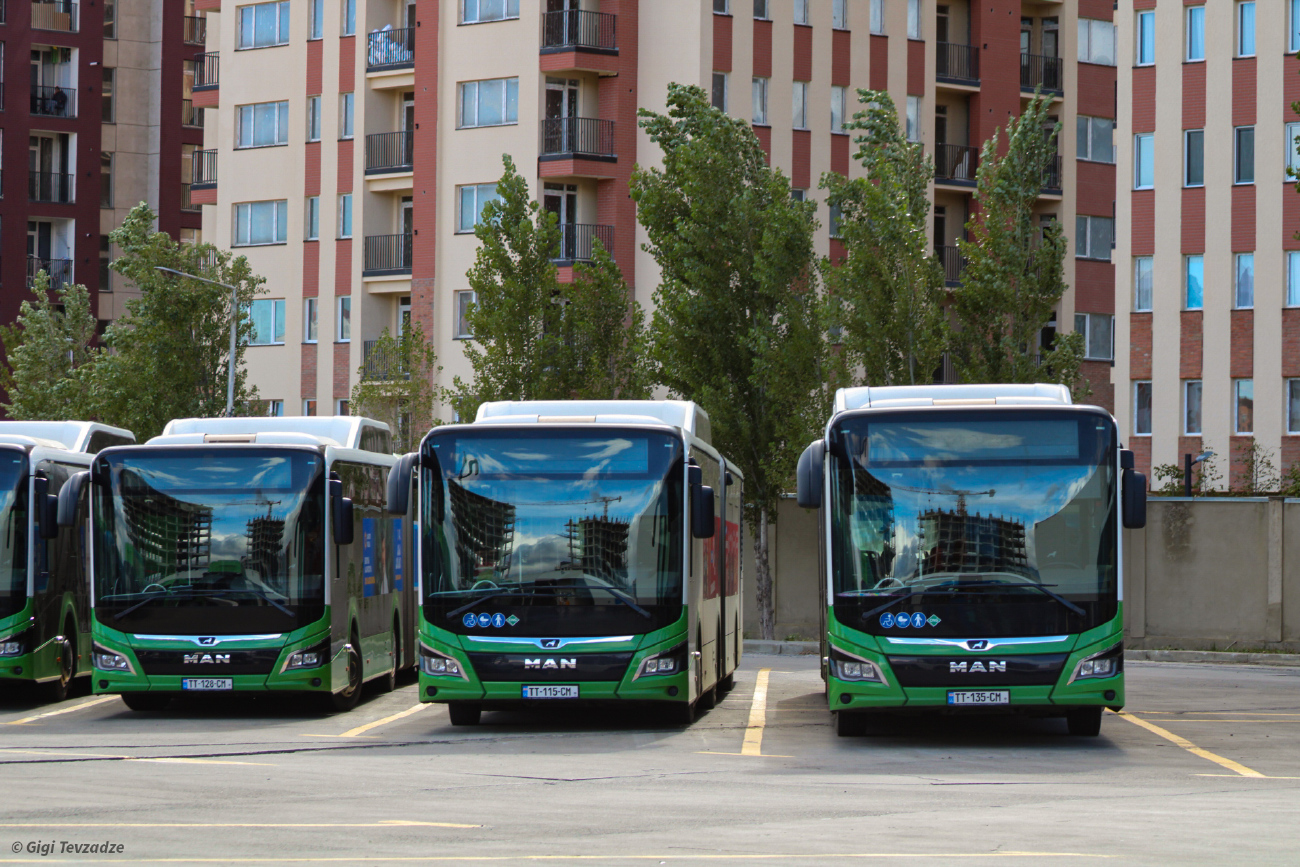 Tbilisi, MAN 18G Lion's City NG320 # TT-128-CM; Tbilisi, MAN 18G Lion's City NG320 # TT-115-CM; Tbilisi, MAN 18G Lion's City NG320 # TT-135-CM; Tbilisi — Bus Depot N2