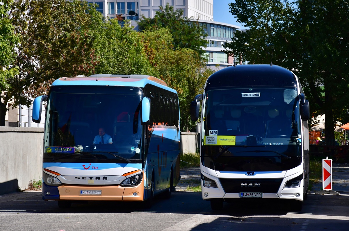 Ljubljana, MAN R08 Lion's Coach L # LJ 36-VPD; Pula, Setra S515HD # PU 2005-TT